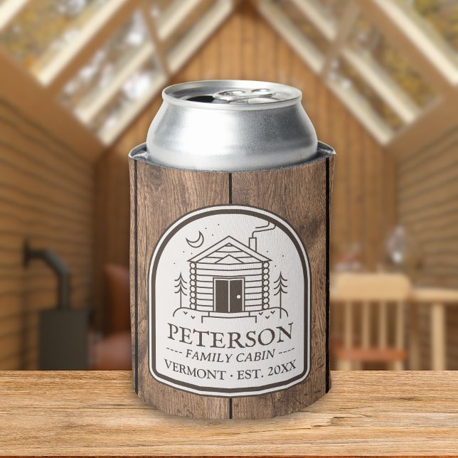 Family Cabin Rustic Wood Personalized Decor Can Cooler (Family Cabin Rustic Custom Personalized Can Cooler - Retro Wood Aesthetic Decor for Cabin)