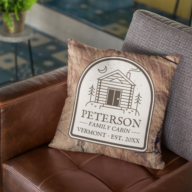 Family Cabin Rustic Wood Personalized Decor Throw Pillow (Rustic Family Cabin Decor Custom Throw Pillow with Family Name Wood Vintage Retro Brown)