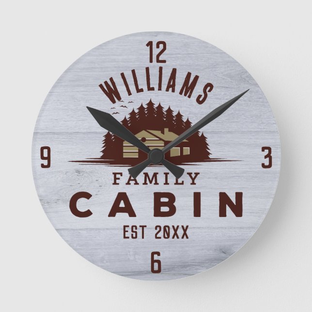 Family Cabin Rustic Wood Personalized Round Clock (Front)