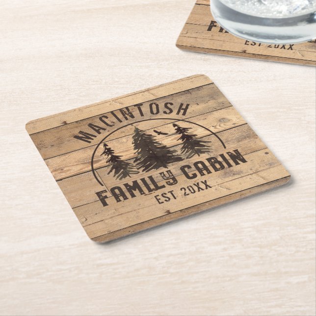 Family Cabin Rustic Wood Personalized Square Paper Coaster (Angled)