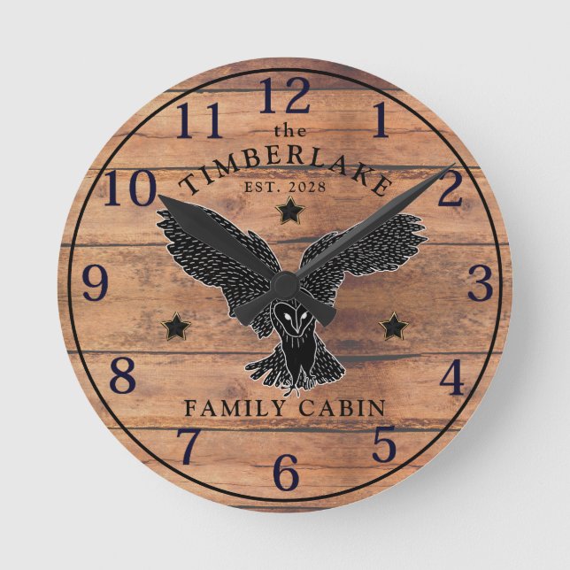 Family Cabin Rustic Wood Personalized Wall Clock (Front)