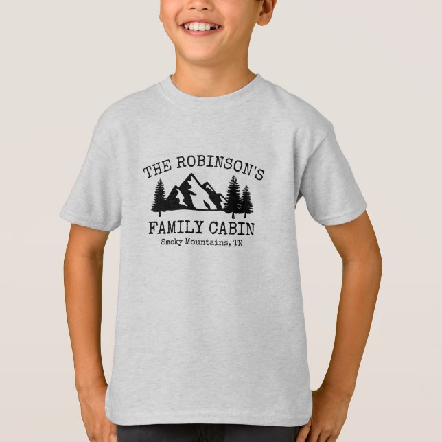 Family Cabin Trees Mountains Silhouette Design T-Shirt (Front)