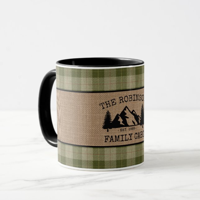 Family Cabin Trees Sage Green Plaid Burlap 2 Tone Mug (Front Left)
