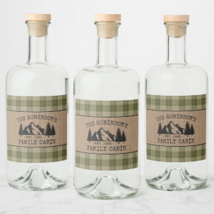 Family Cabin Trees Sage Green Plaid Burlap Labels