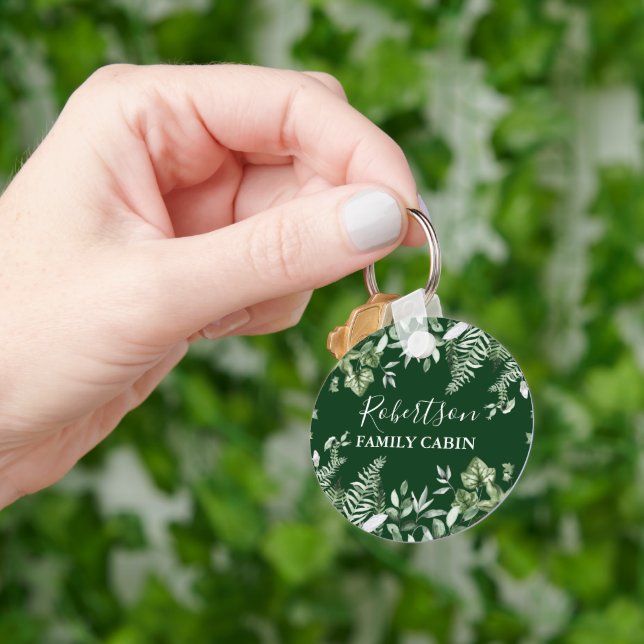 Family Cabin Watercolor Ivy Sage Ferns Green Keychain (Hand)