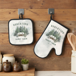 Family Cabin Watercolor Winter Pine Forest Oven Mitt & Pot Holder Set