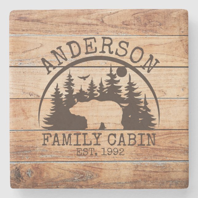Family Cabin wooden Name Personalized Rustic  Stone Coaster (Front)