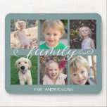 Family Calligraphy | 6 Photo Collage Mouse Pad<br><div class="desc">This mousepad is a perfect keepsake gift for any family. It features a 6 photo frame collage for pictures of children and family members on a muted teal background. Trendy handwritten style calligraphy reads: "family" Custom text allows you to add your family name and year.</div>