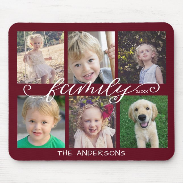 Family Calligraphy Dark Red 6 Photo Collage Mouse Pad (Front)