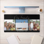 Family Calligraphy Script 3 Photos Black Desk Mat<br><div class="desc">A simple design to showcase your family photos on this desk mat. The design offers three photos accented with handwriting script that reads: Our Family. Personalized with your family name and their year. The background colour can be changed.</div>