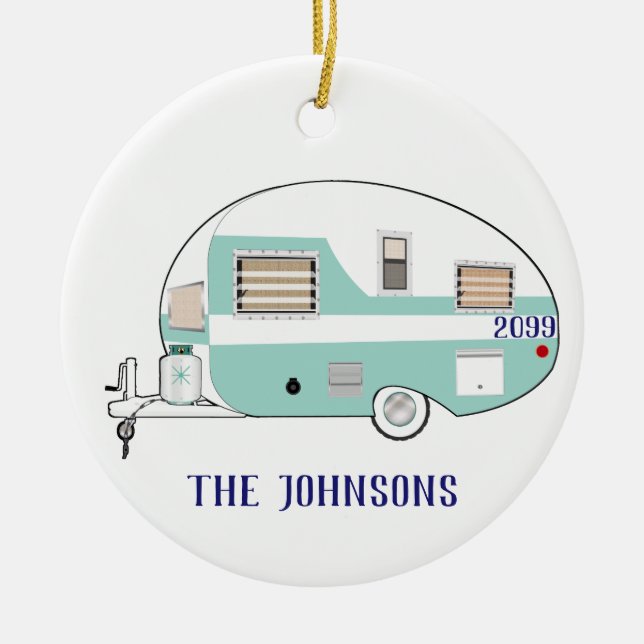Family Camping RV Trailer Camper Round Christmas Ceramic Ornament (Front)