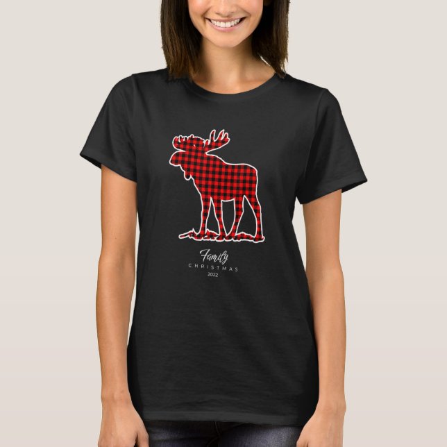 Family Christmas 2022 Buffalo Plaid Red Black Moos T-Shirt (Front)