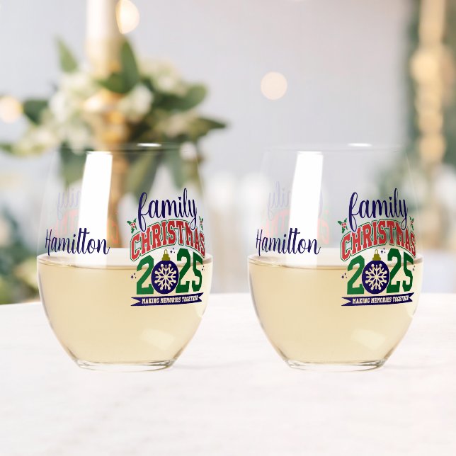 Family Christmas 2025 Stemless Wine Glass (Insitu (Wedding))