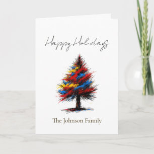 Family Christmas card colour pencil art of a tree