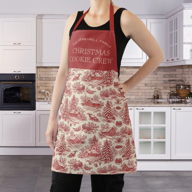 Family Christmas Cookie Crew Red Toile Pattern Apron (Creator Uploaded)