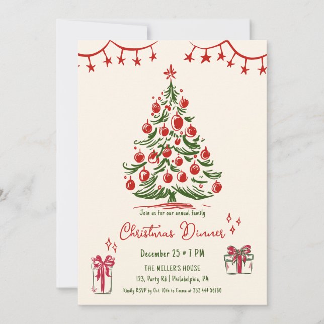 Family Christmas Dinner Hand drawn pine tree Announcement (Front)