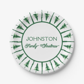 Family Christmas Green Watercolor Pine Tree Paper Plate