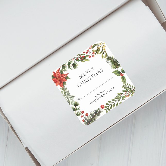 Family Christmas Holidays Botanical Elegant Square Sticker (Christmas Red Berries Botanical Script Envelope Seal Sticker)