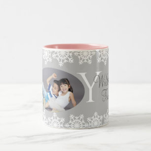 Family Christmas "JOY"  Silver Grey Snowflake H Two-Tone Coffee Mug