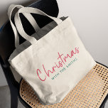 Family Christmas | Modern Minimalist Family Name Large Tote Bag<br><div class="desc">Simple,  stylish "Christmas with the <your name="">" quote tote bag in modern minimalist typography in festive red and green. The design can be easily personalized with your family name(s),  year or own special greeting for super cute bespoke holiday vibes!</your></div>
