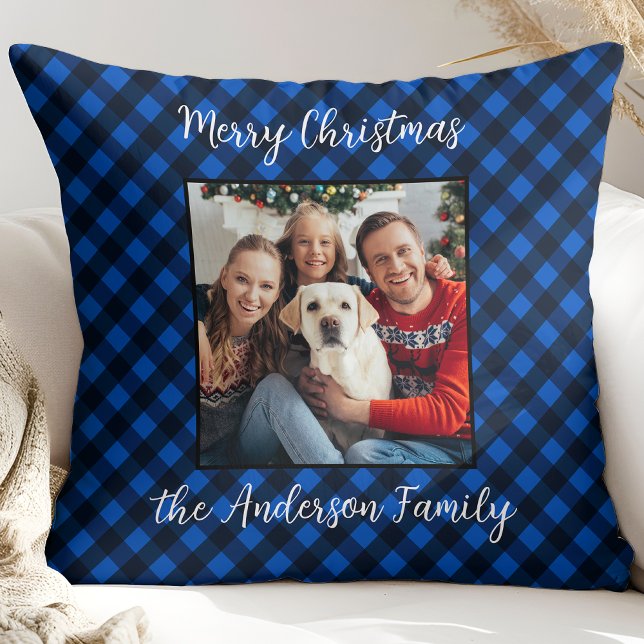 Family Christmas Personalized Photo Blue Plaid  Throw Pillow (Creator Uploaded)