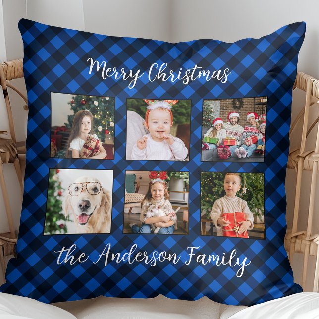 Family Christmas Personalized Photo Collage Plaid  Throw Pillow (Creator Uploaded)