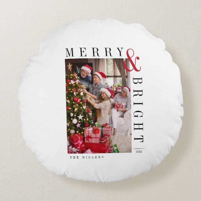Family Christmas Photo Card Modern Script Holiday  Round Pillow (Front)