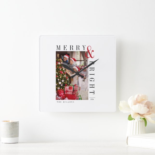 Family Christmas Photo Card Modern Script Holiday  Square Wall Clock (Home)