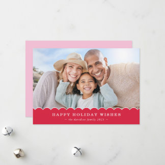 FAMILY CHRISTMAS PHOTO cute fun scallop red pink Holiday Card