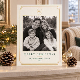 Family Christmas Photo Ivory & Gold Monogram Holiday Card