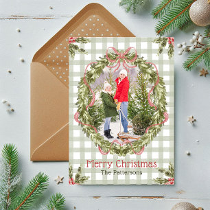 Family Christmas Photo Pink Bow Watercolor Wreath Holiday Card