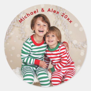 Family Christmas Photo Stickers, Glossy Classic Round Sticker
