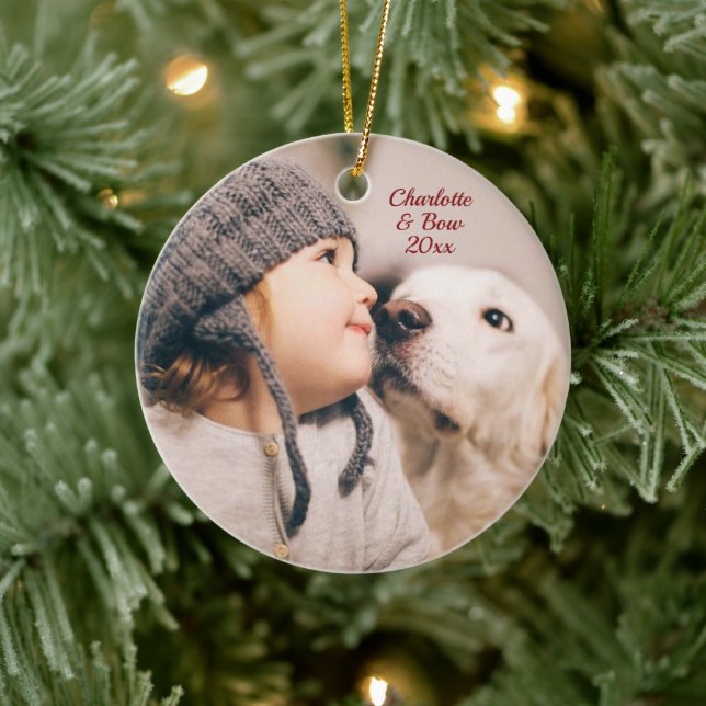 Family Christmas Photo with Pet Ceramic Ornament (Tree)