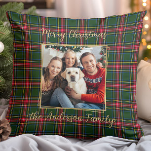 Family Christmas Plaid Custom Gold Modern Photo Throw Pillow