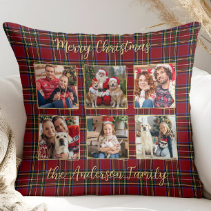Family Christmas Plaid Gold Custom 6 Photo Collage Throw Pillow