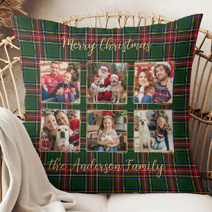Family Christmas Plaid Gold Custom 6 Photo Collage Throw Pillow