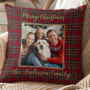 Family Christmas Plaid Gold Personalized 2 Photo Throw Pillow