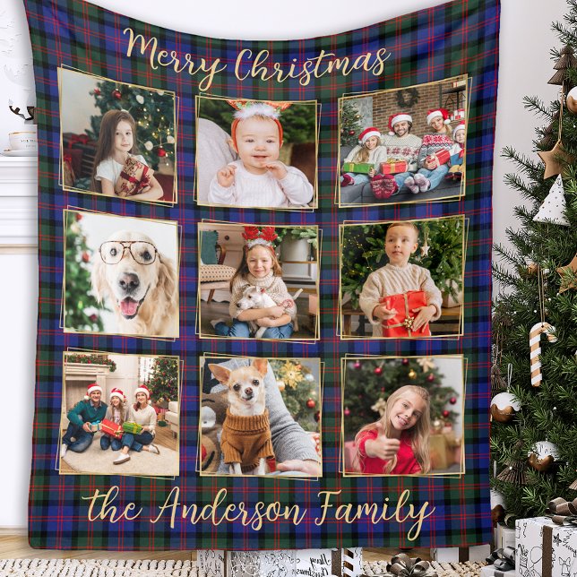 Family Christmas Plaid Personalized Photo Collage Fleece Blanket (Creator Uploaded)