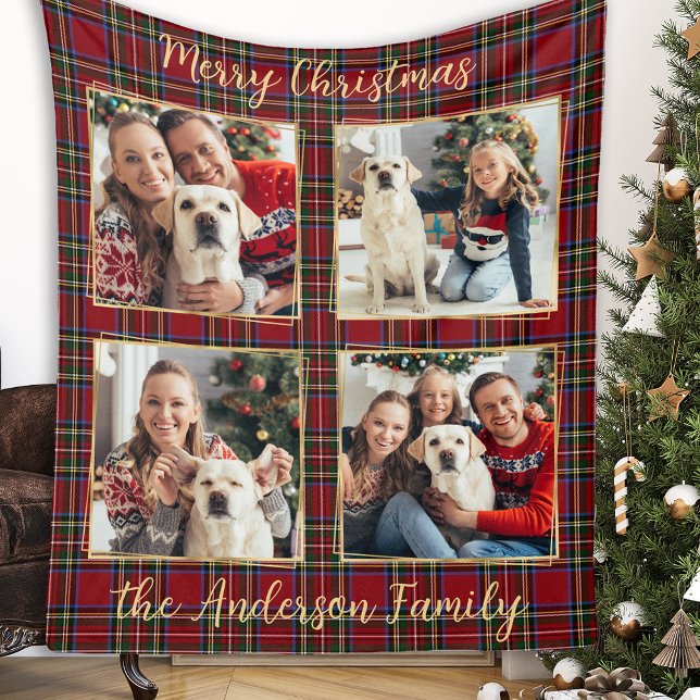Family Christmas Plaid Personalized Photo Collage Fleece Blanket (Creator Uploaded)