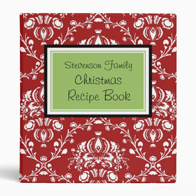 Family Christmas Recipe Binder Red Green Damask (Front)