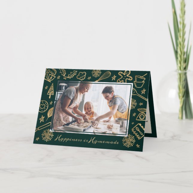 Family Christmas Recipe Gold & Forest Green Photo Holiday Card (Front)