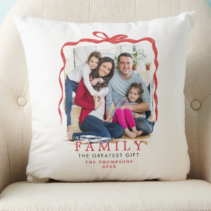 Family Christmas Red Bow Holiday Keepsake Photo Throw Pillow