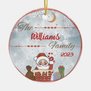 Family Christmas Santa down the Chimney  Ceramic Ornament