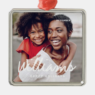 Family Christmas Simple Happy Holiday Custom Photo Metal Ornament