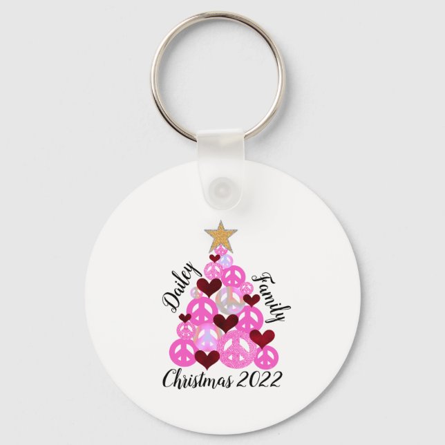 Family Christmas Tie Dyed Peace Sign Tree Pink Keychain (Front)