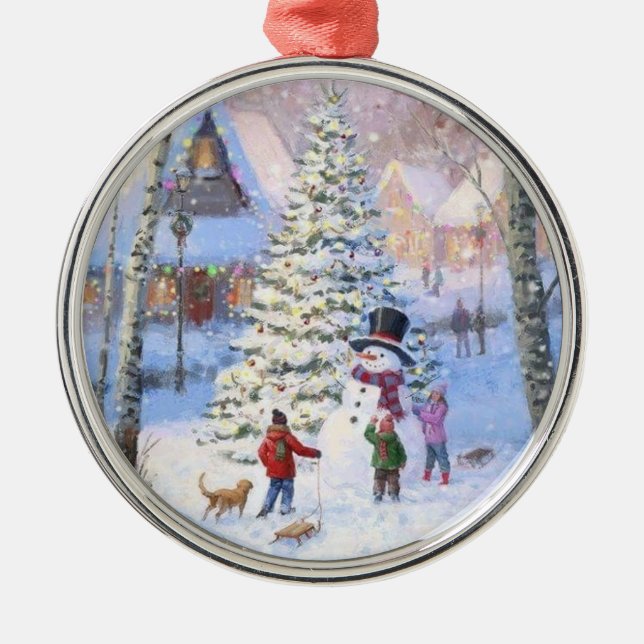 Family Christmas Tree Snowman Kids  Metal Ornament (Front)