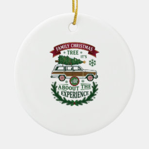 Family Christmas Tree Station Wagon Pine Wreath Ceramic Ornament