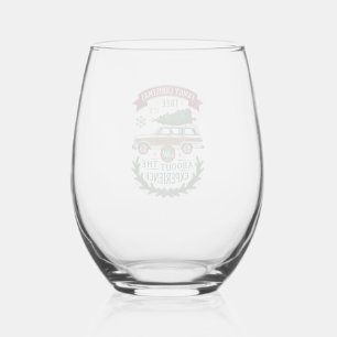 Family Christmas Tree Station Wagon Pine Wreath Stemless Wine Glass