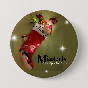 Family christmas twinkling stocking 3 inch round button