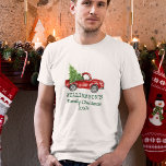 Family Christmas Vintage Red Truck Personalized T-Shirt<br><div class="desc">Family Christmas Watercolor Vintage Red Truck with Christmas Tree Personalized T-Shirt  - Green Script</div>